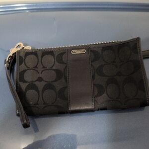 Coach Black Signature Jacquard Wristlet with Leather Stripe